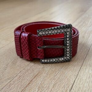 Red Textured Belt with Crystal Buckle